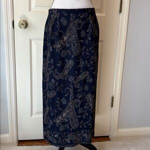 Talbots 100% Silk Long Skirt Lined Floral Paisley Blue size 12 Petite